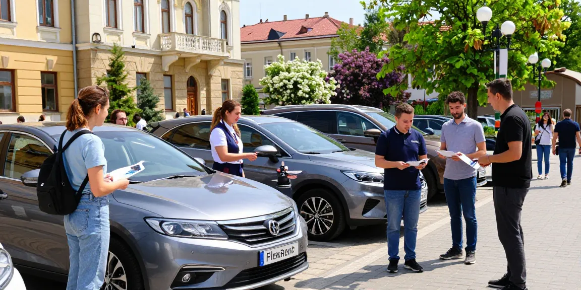 FlexRent staff assisting travelers in Chișinău with diverse rental car options, showcasing friendly service and well-maintained vehicles.