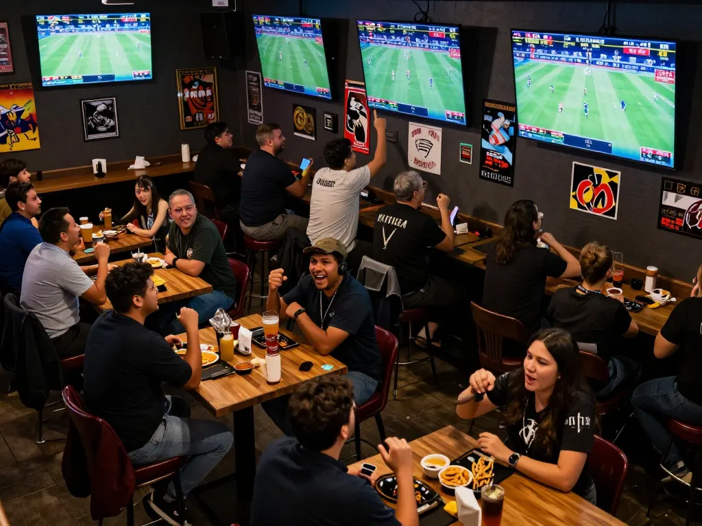 VN23 sports betting excitement as patrons celebrate live game results at a vibrant sports bar
