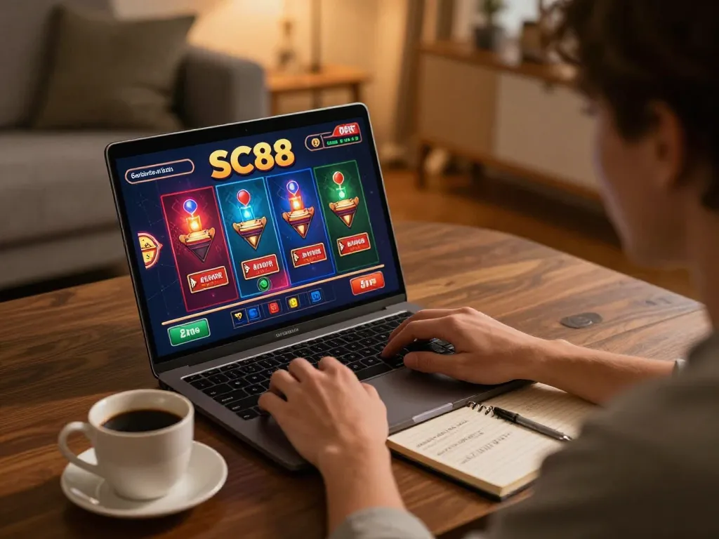 Player enjoying online SC88 gaming at home with strategy notes on display