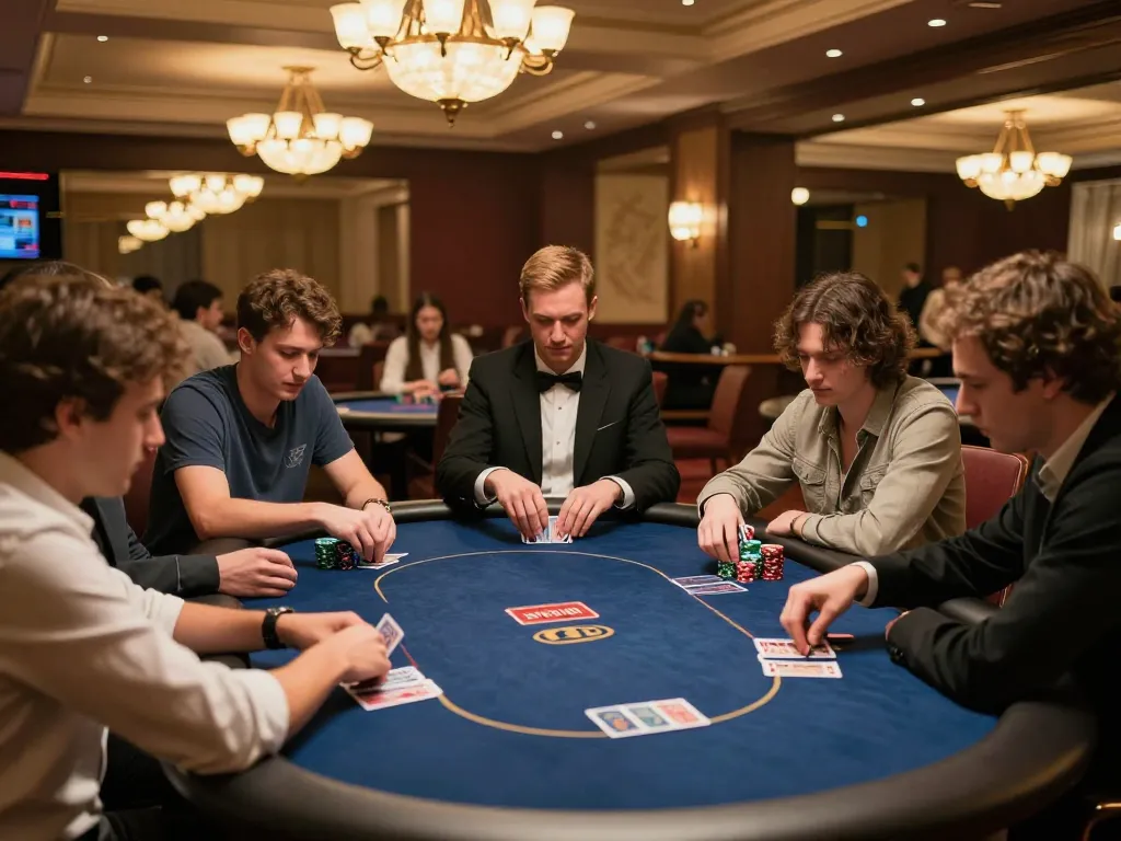 Main scene depicting FAFA 828 poker game strategy with players focused on gameplay and dealer managing cards