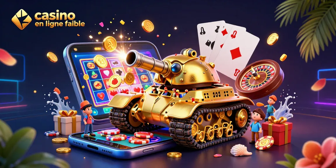 Jouez sur un casino en ligne fiable avec un tank à scarabée doré, des jeux de casino et des pièces d'or éparpillées.