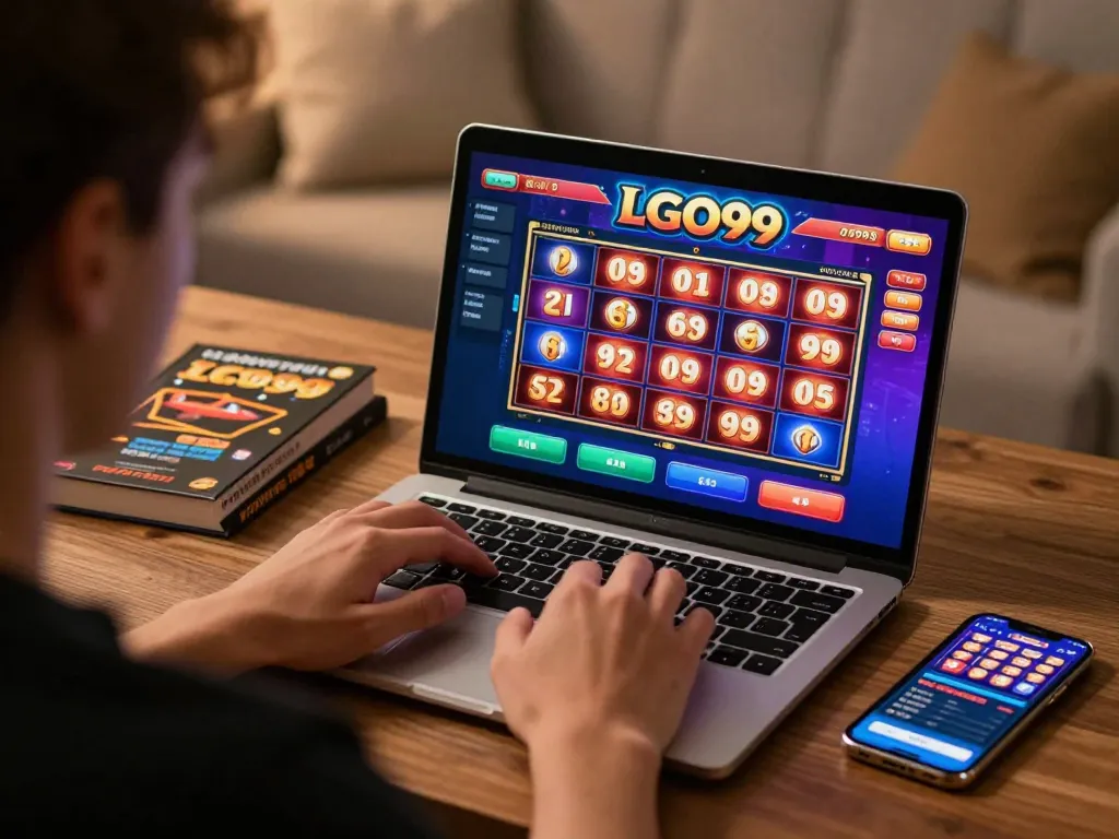 LGO99 player enjoying online slots on a laptop with gaming strategies nearby.