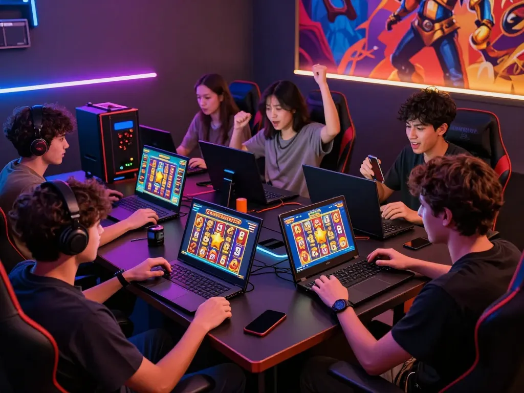 CEMARATOTO players celebrating a big win in an exciting slot gaming atmosphere with vibrant LED lighting.