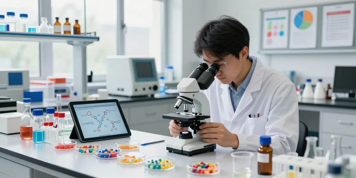 Examining SwissChems Peptides in a modern lab with advanced equipment and vibrant research materials.