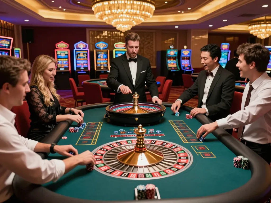 Players engaged in strategic roulette betting at the 5699 casino, surrounded by vibrant decor and chips