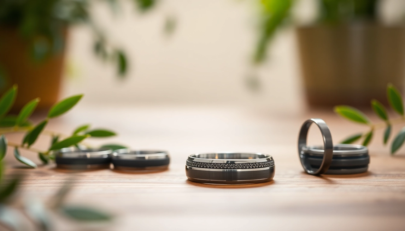 Showcasing Gunmetal Wedding Bands for Men, these elegant rings feature sleek designs on display.