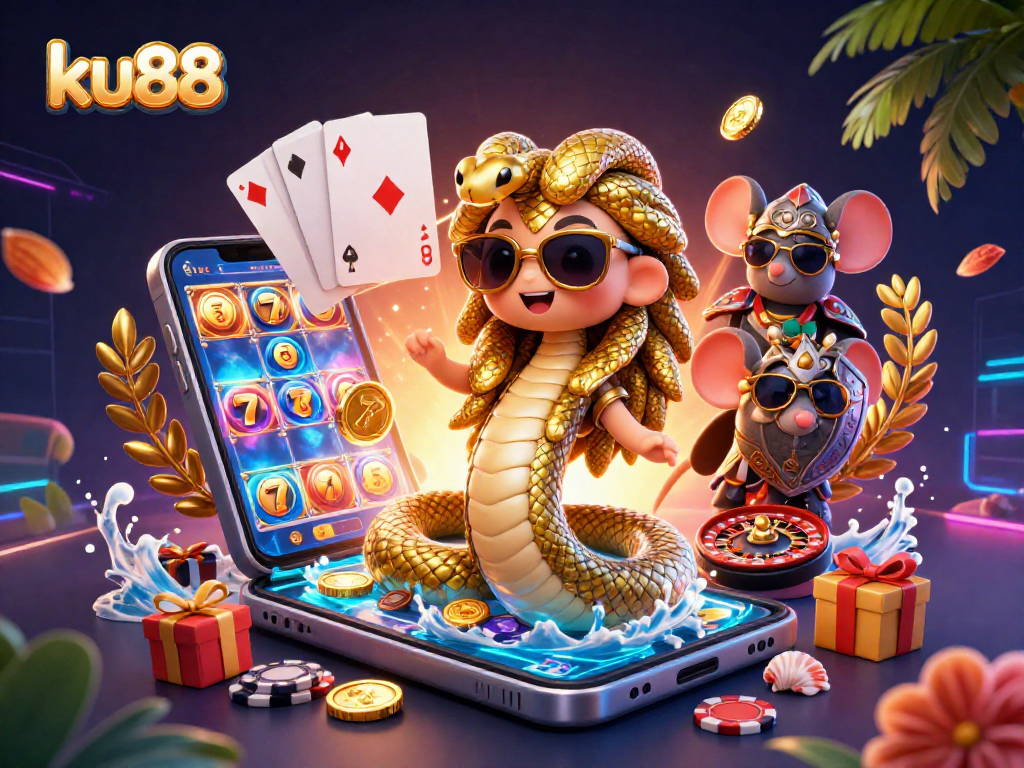 ku88 engagement with Medusa and a warrior mouse in a lively casino setting showcasing slot games.