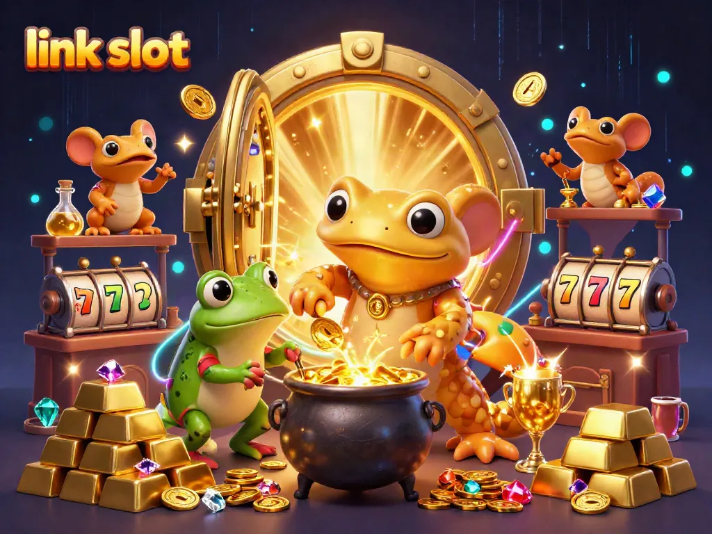 Mengamati mesin slot "link slot" dengan karakter alkemis dan pemandangan kasino yang megah.