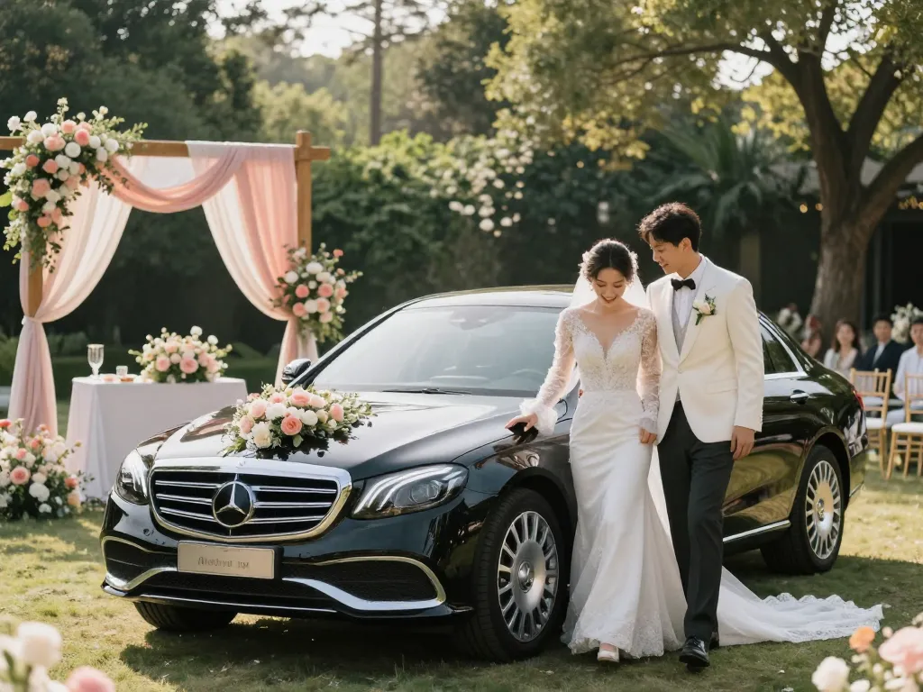 Cảnh cưới với một chiếc Mercedes sang trọng trong khi cô dâu và chú rể ăn mừng ngày đặc biệt của họ, nhấn mạnh dịch vụ thuê xe cưới Mercedes.