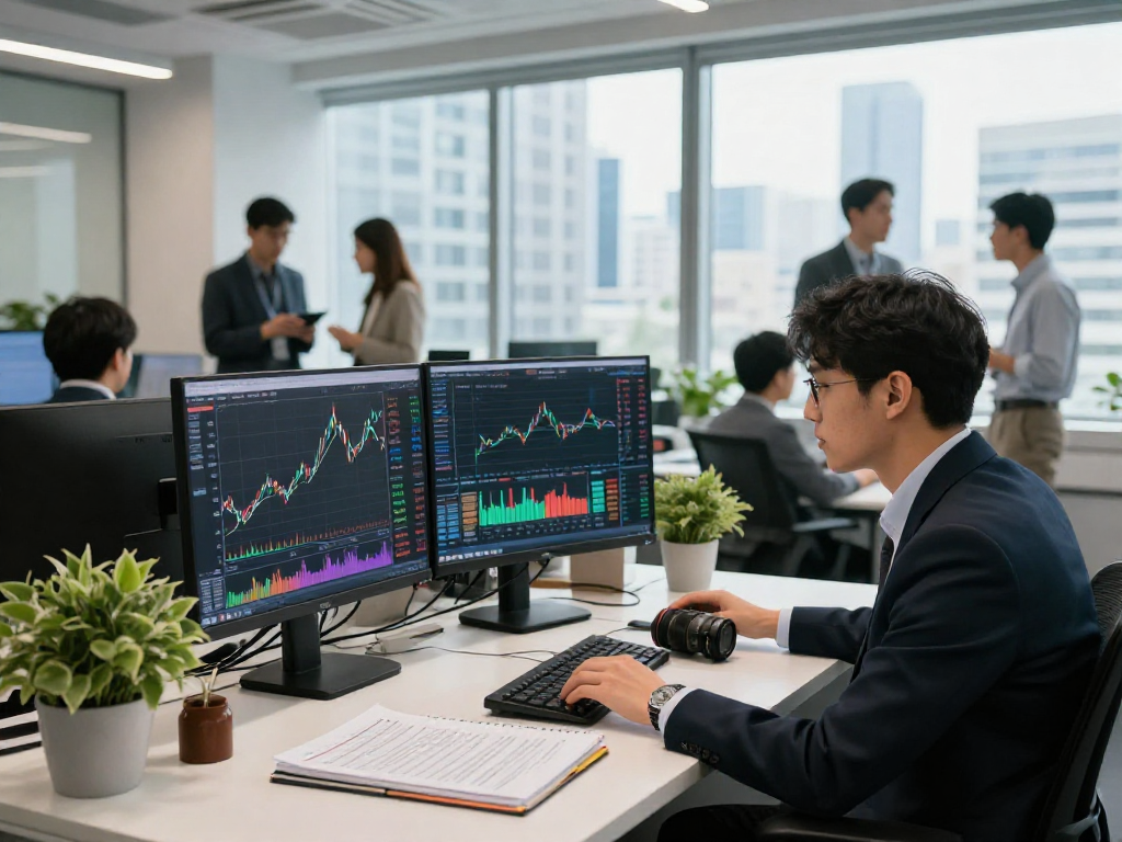KOSPI analysis in a modern office with analysts reviewing stock charts.