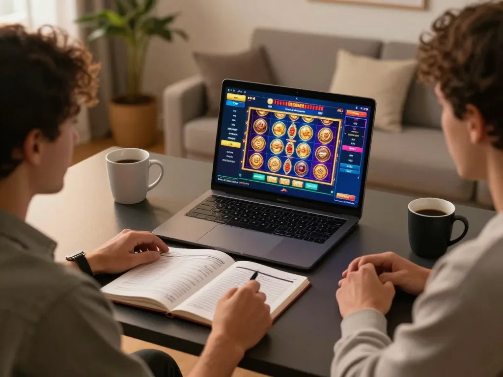 Pengguna Tupaiwin menikmati slot online di laptop, menampilkan suasana permainan yang nyaman