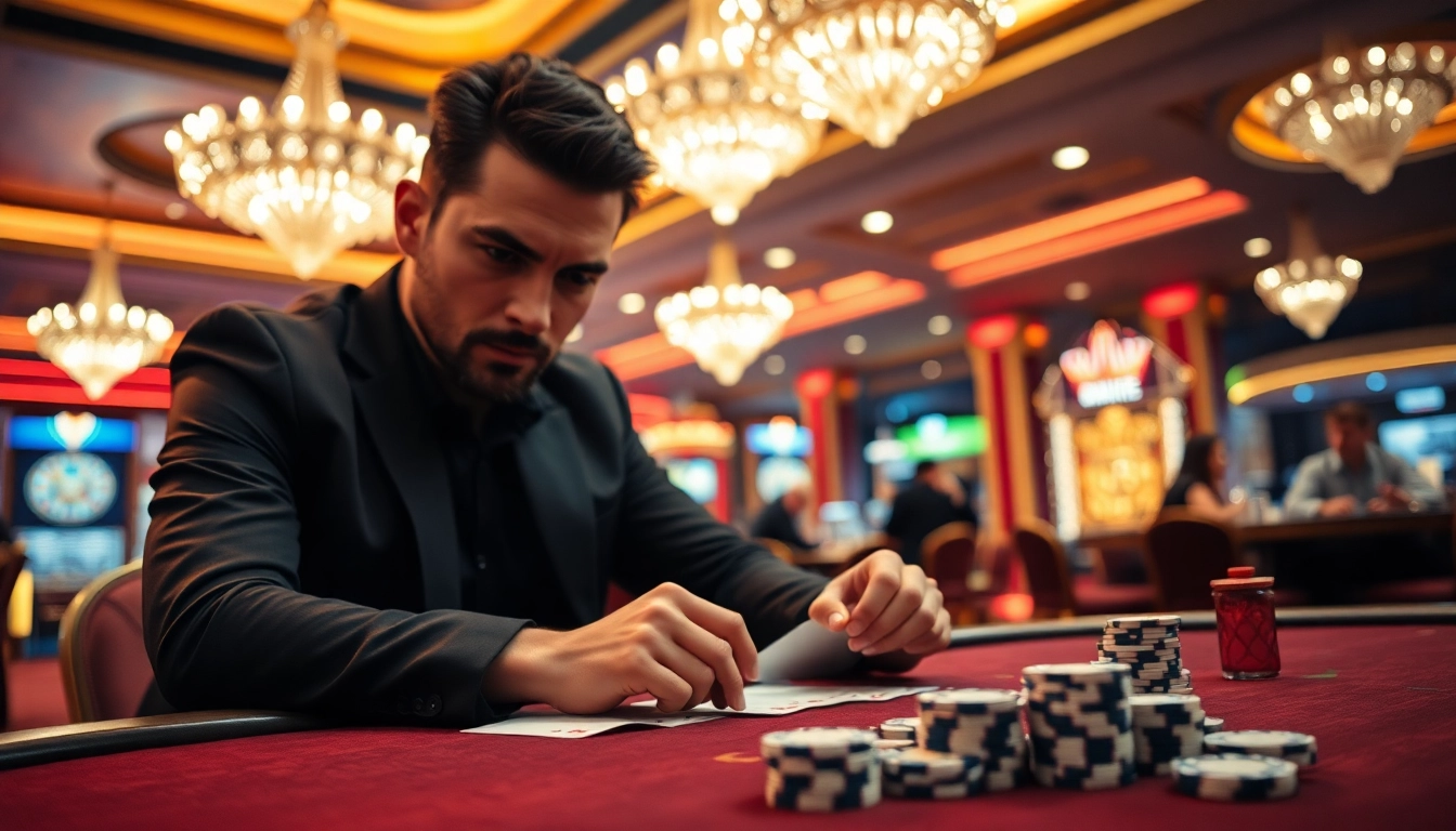 Experience the thrill of 8win with an intense poker game in a luxurious casino setting.