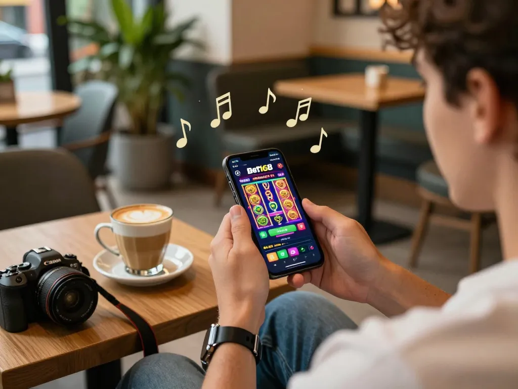 Engage with the Bet168 casino app in vibrant mobile gaming at a trendy coffee shop
