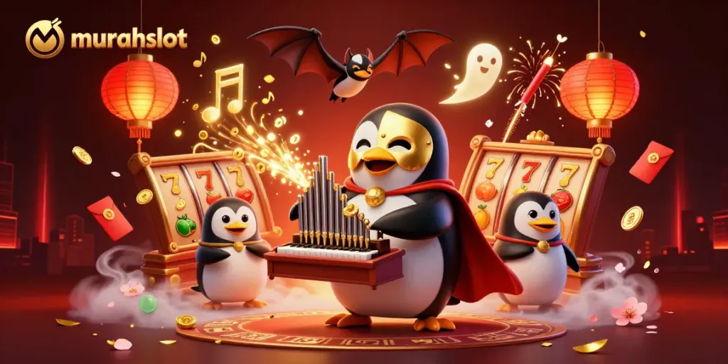 Gambarkan keseruan bermain slot di murahslot dengan penguin opera, koin emas, dan elemen nan harum dalam latar belakang.