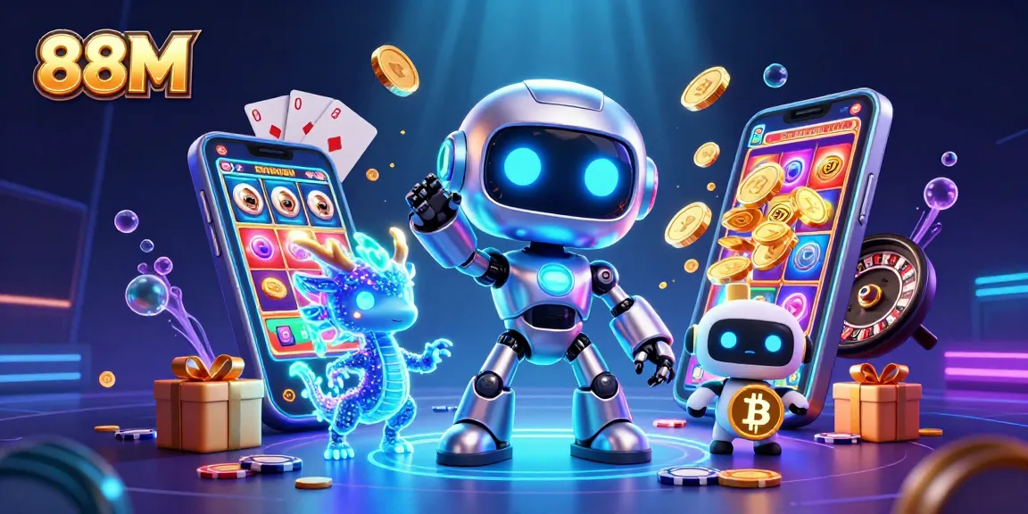 Engage with 88M's thrilling gaming scene featuring advanced robots and exciting casino elements.