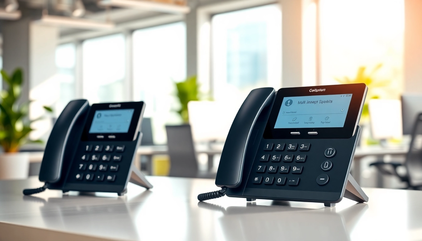 Showcasing business phone systems in a modern office, highlighting communication efficiency.