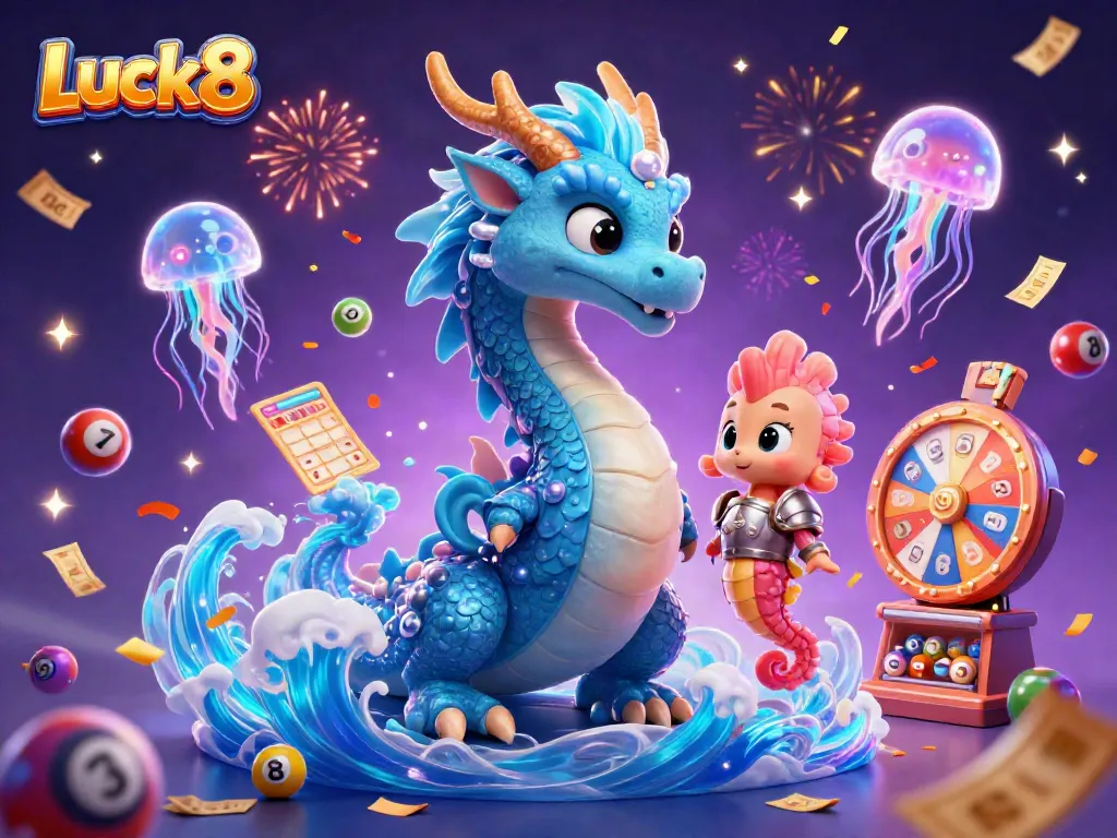 Experience the vibrant Luck8 atmosphere with a magical water dragon, knight, and jellyfish in a dynamic casino scene.