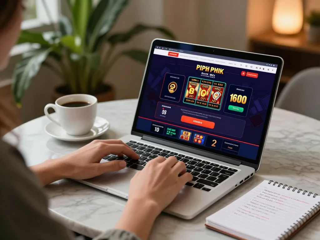 Engaged user enjoying an online gambling session with NHÀ CÁI XO88 on a laptop, showcasing poker and slots interface.
