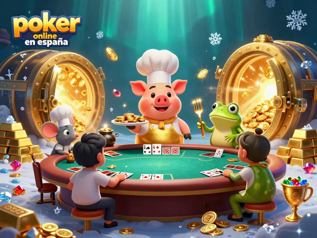Juega poker online en España con emocionantes personajes y tesoros brillantes en un divertido ambiente virtual.