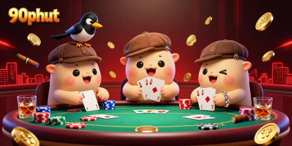 Catch the excitement of 90phut with Nessie and friends in a vibrant casino poker scene filled with colorful chips and winning cards.