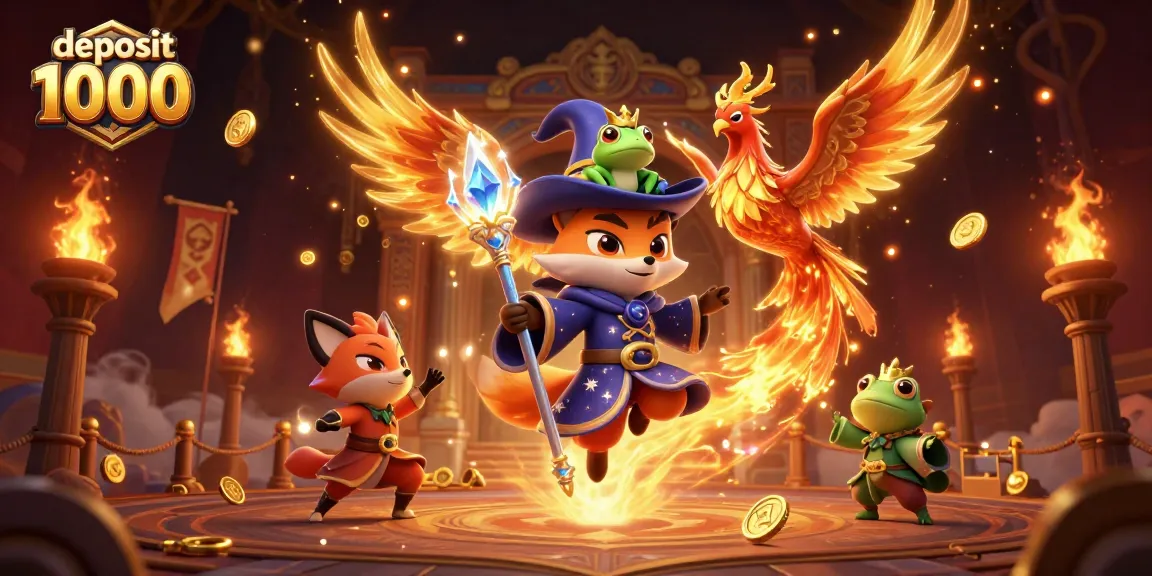 Deposit 1000 with an energetic wizard fox, phoenix, and gold coins in a vibrant casino scene.