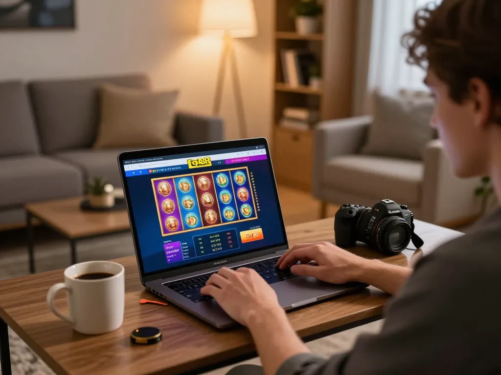 Engaging with tg88 club through a laptop in a cozy home gaming setup, featuring vibrant slot games