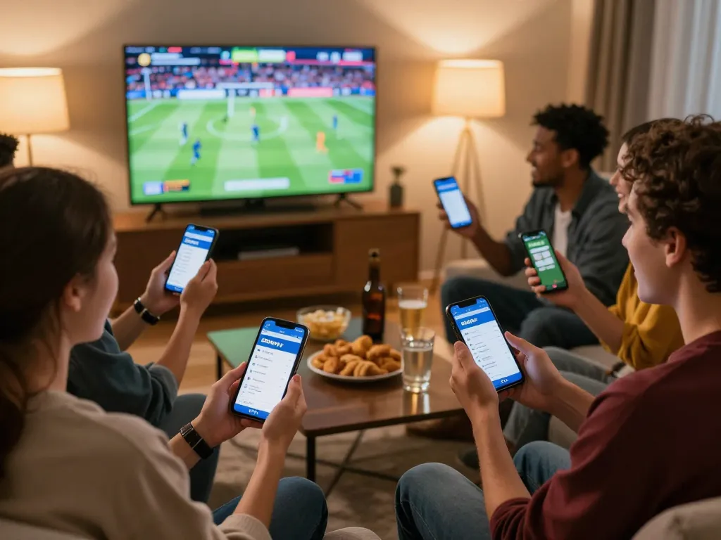 Friends placing bets on 8xbet while watching sports together, enjoying a thrilling gaming experience.