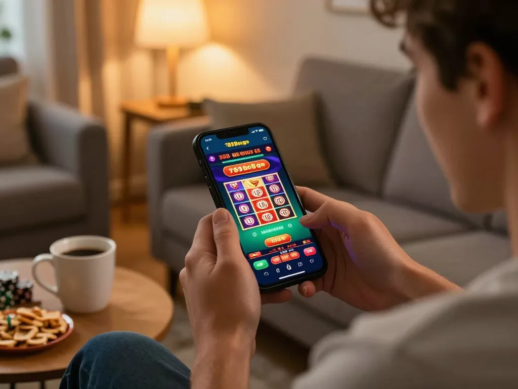 Engaged player placing bets on the 789betgo casino app, enjoying mobile gambling at home.