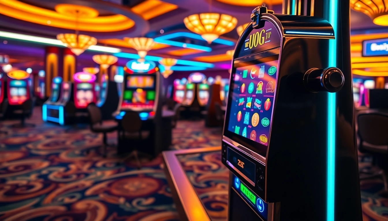 Mesin unogg slot bersinar di kasino yang mewah dengan suasana yang menggembirakan.