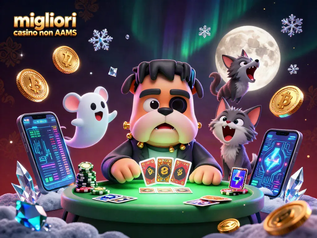 Gioca nei migliori casino non AAMS con un bulldog Frankenstein che distribuisce carte e un gattino lupo in un'atmosfera spettrale.