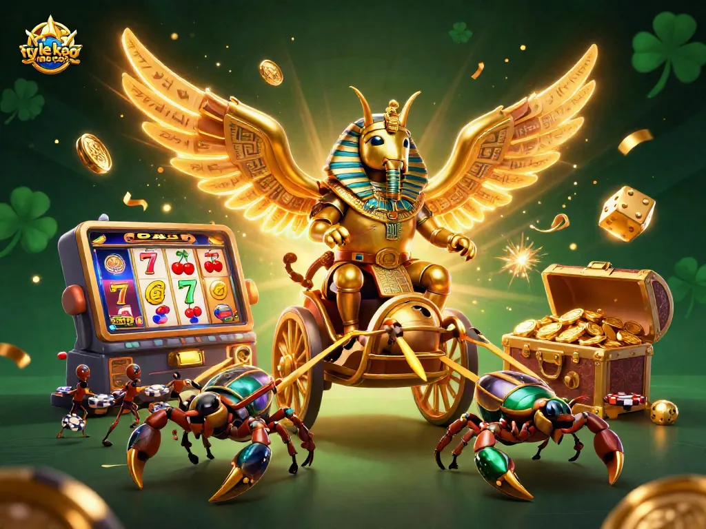 Engage in ty le keo nha cai with vibrant 3D illustration of a pharaoh beetle, scorpions, and casino elements.