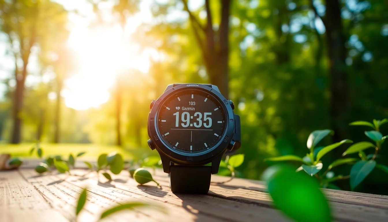 Garmin smartwatch highlighting advanced features in a natural outdoor setting.