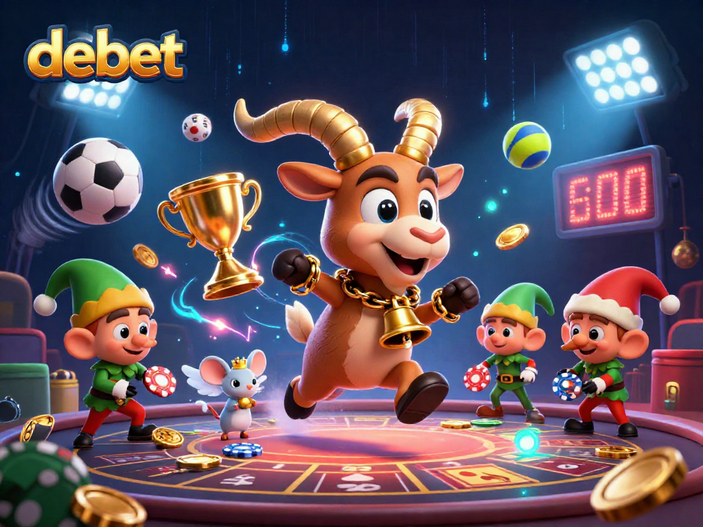 Bet on sports with debet in a festive casino scene featuring lively characters.