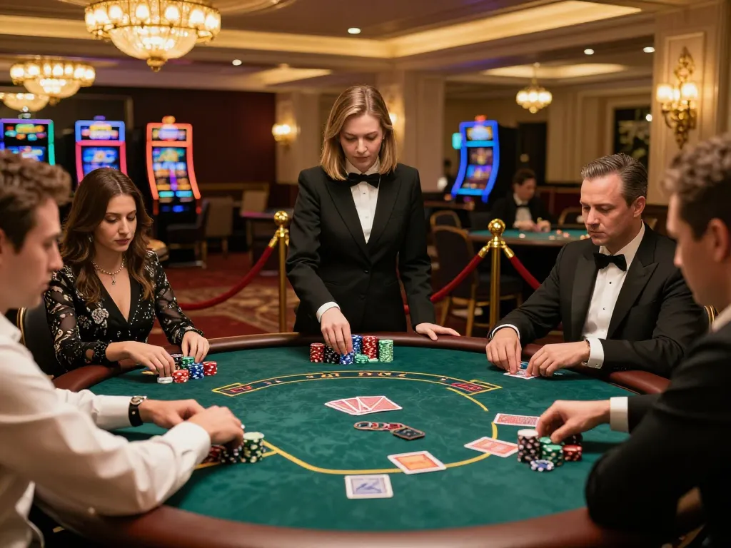 Players at a high-stakes poker game with colorful chips, showcasing MM88.COM's luxurious gaming atmosphere.