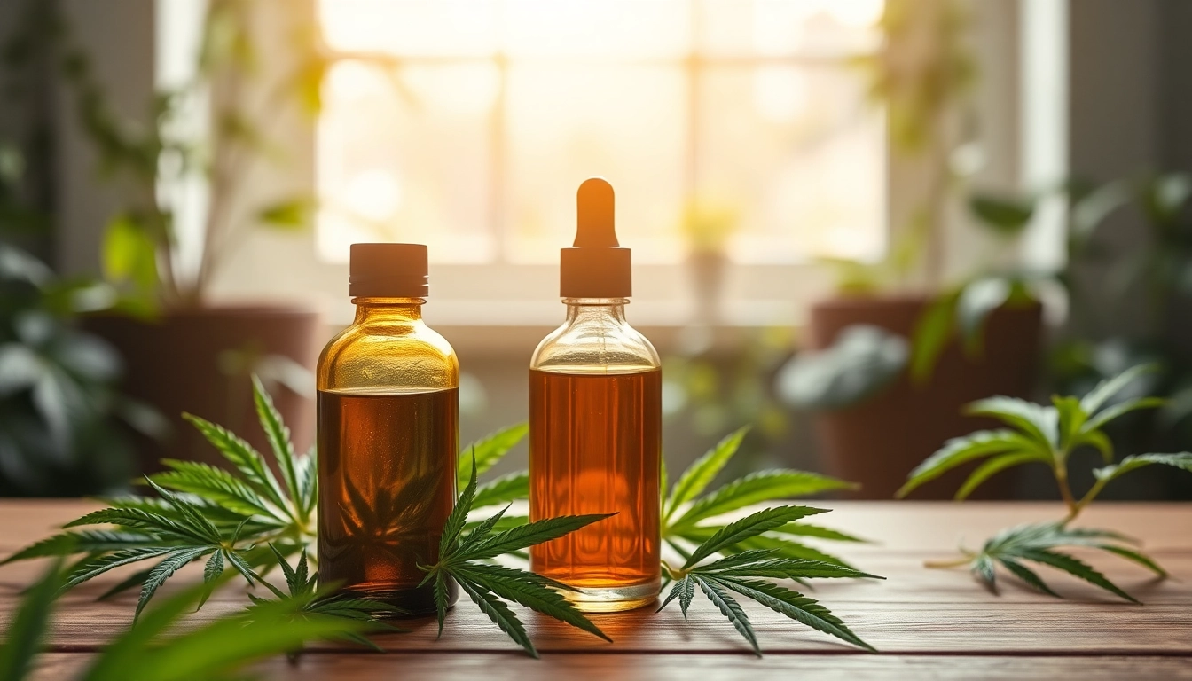 Kjøp CBD olje i en helsesetting med hempblader i bakgrunnen