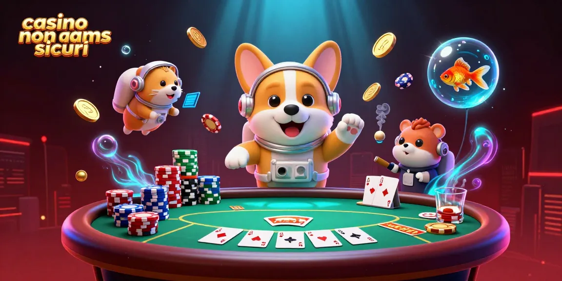 Giocando nei casinò non AAMS sicuri, un corgi astronauta fluttua in un casinò spaziale circondato da gettoni e monete.