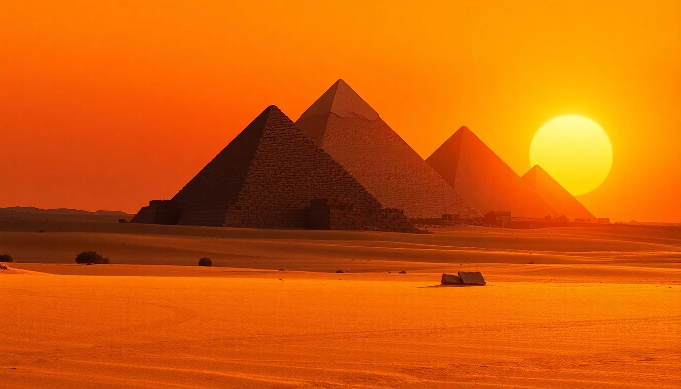 Capture the grandeur of piraminds with dramatic sunset lighting over the Great Pyramids.