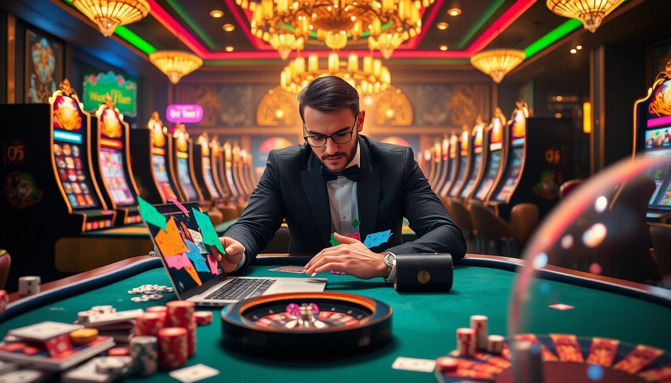 Experience online gaming action at https://new88.gold/ with vibrant tables, cards, and roulette wheels.