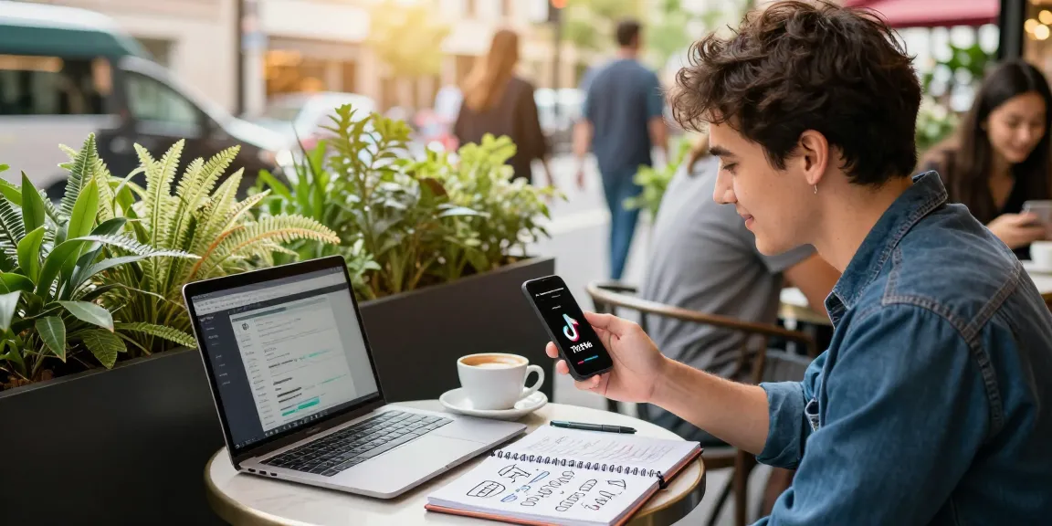 Best sites to buy TikTok followers highlighted in a vibrant café scene with an influencer engaging with followers on a smartphone.