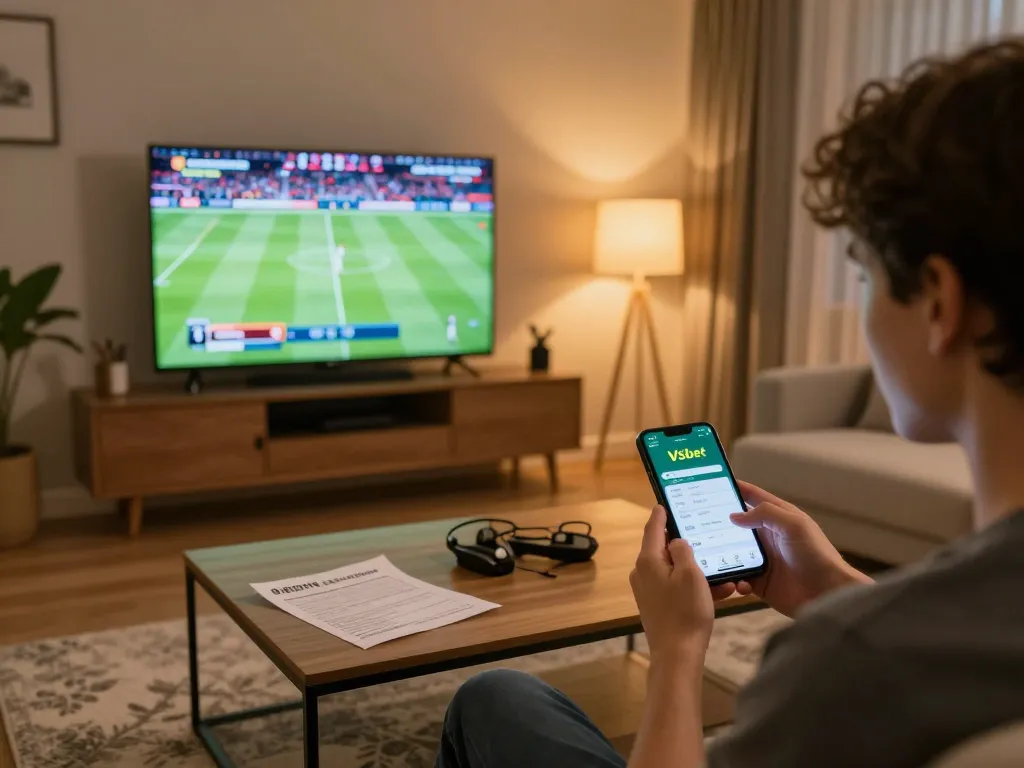 Person placing bets on the Vsbet app while watching live sports at home, showcasing the excitement of online betting.