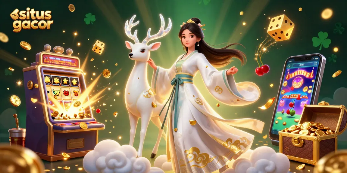 Situs gacor showcases a vibrant scene with a floating Asian woman in hanfu surrounded by slot machines and casino symbols.