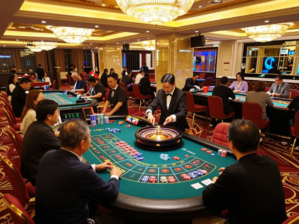 Paito macau gameplay at an upscale casino, vibrant roulette table with active players and colorful chips.