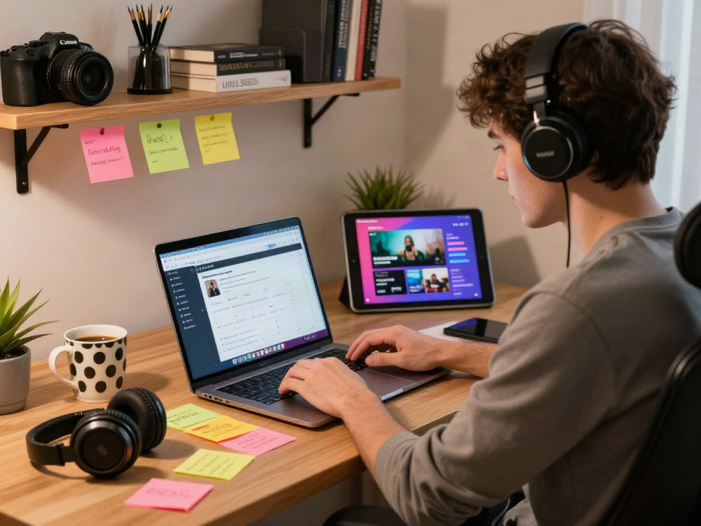 Engaged user exploring the Pikashow app on a stylish laptop in a cozy workspace.