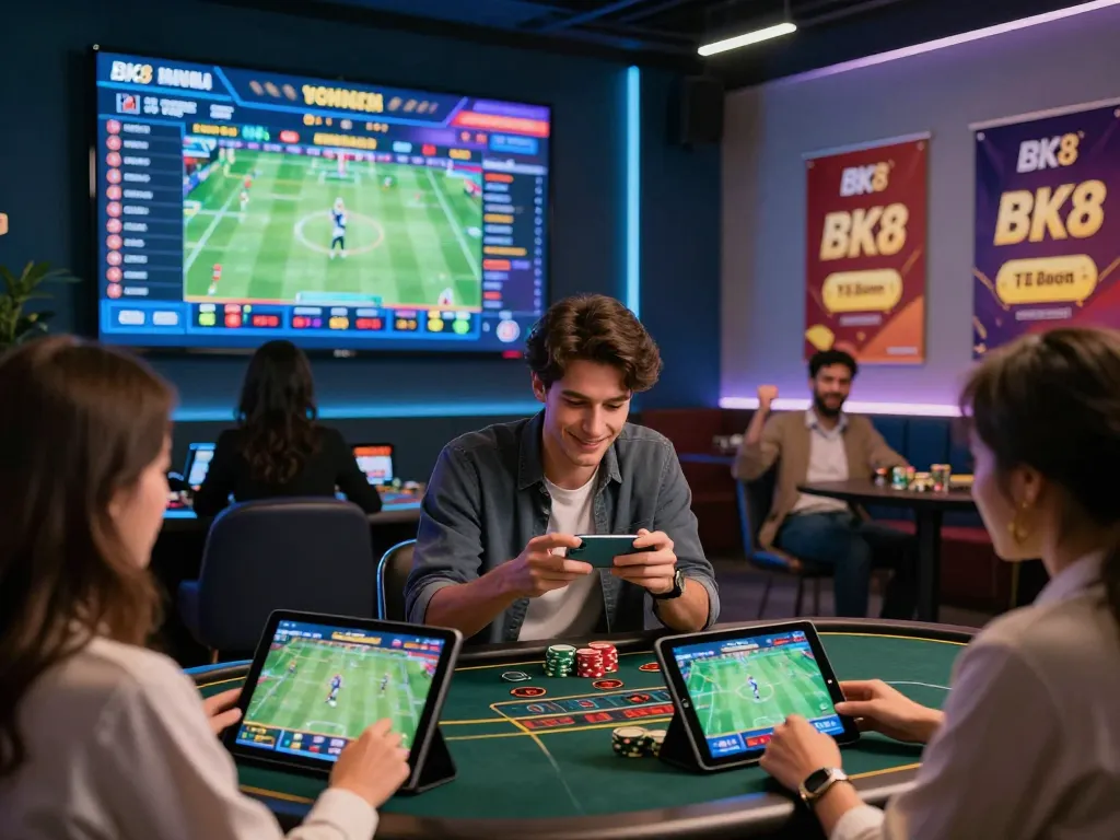 Exciting online betting atmosphere at BK8 with diverse players engaged in sports and casino games.