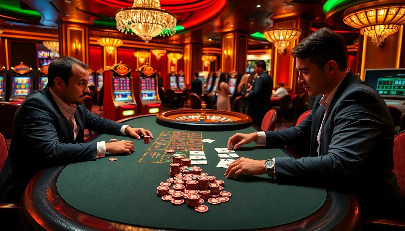 Professional players at a poker table engaged in a high-stakes game of xx88 with vibrant casino elements.