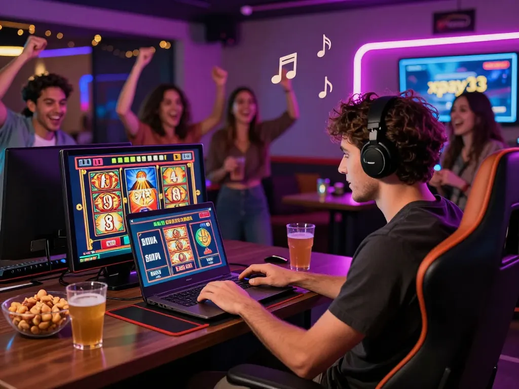 xpay33 promotion featuring a lively online casino environment with a player enjoying slots while friends cheer in a colorful setting.