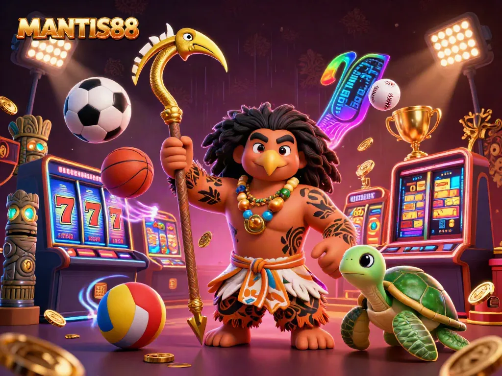 Experience thrilling gaming action with MANTIS88's vibrant 3D casino illustration featuring slot machines and lively characters.