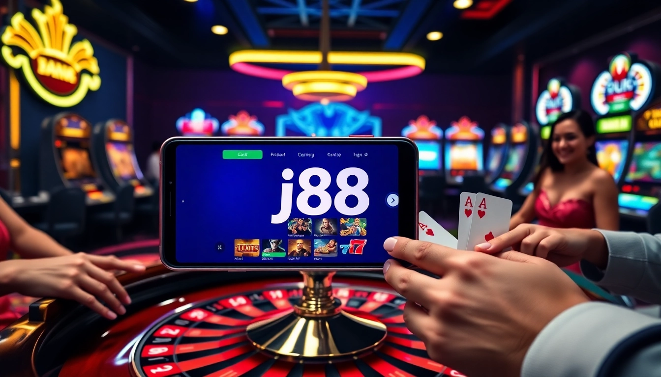 Players engaging with j88 app on a luxurious casino background while betting on roulette and slots