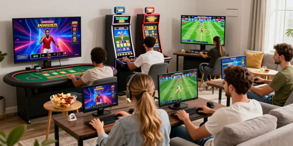 Friends enjoying gaming on https://five888vin.com/ in a cozy living room with vibrant casino elements.