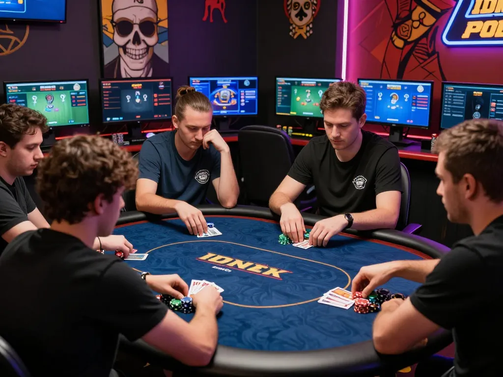 Players immersed in an IDN poker game on a sleek digital platform, capturing online gaming excitement.
